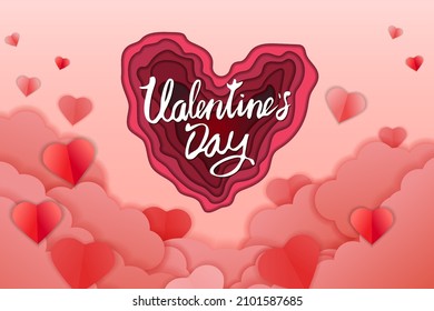 Valentine day papercut craft design banner, red pink hearts and clouds. Template background for greeting card, invitation, vector