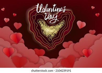 Valentine day papercut craft design banner, red pink hearts and clouds. Template background for greeting card, invitation, vector