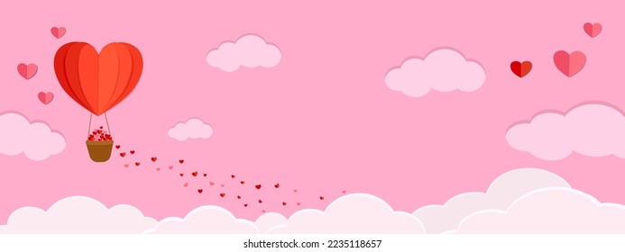 Ilustración vectorial del estilo de edición de San Valentín. Globos rojos de aire caliente con muchos papeles cortados corazones volando en un cielo azul dulcemente oscuro, amor al fondo de la tarjeta de saludo con copia en blanco para el texto.