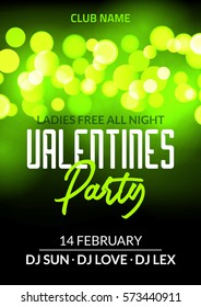 Valentine day party design card banner with bokeh. Vector happy valentine love poster illustration. Party celebration card.