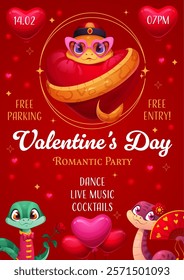 Valentine day party flyer with cartoon snakes and holiday hearts, vector poster. Valentine Day romantic party invitation flyer for dance music and drinks with funny snakes, roses and heart balloons