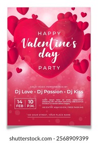 Valentine Day party invitation card design. Music performance invite postcard. Red 3D hearts with white handwritten text. Background wink bokeh and flare. Holiday DJ event poster. Vector illustration.