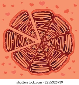 Valentine day party menu poster with pizza two cut pieces pepperoni. Romantic design with pizza and hearts for restaurant logo. Valentine's Day lettering in rounded form with pizza, souce and salami