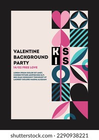 Valentine day party. Poster with bright elements for holiday of lovers, couples. Flyer invitation to romantic evening of dancing. Cover with free love in background. Cartoon flat vector illustration