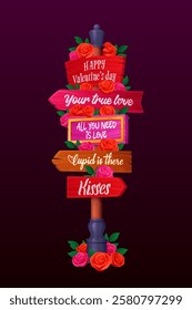 Valentine day party sign board or holiday signage with direction arrows, vector poster. Happy Valentine Day signboard with greetings, love quotes and cupid or kisses directions in roses flowers