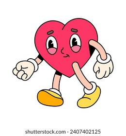 Valentine day patch of walking heart with face. Vector pop art icon or print for greeting card or gift print. Funky retro popart character for love celebration. Mascot or emoji in 80s or 70s style.