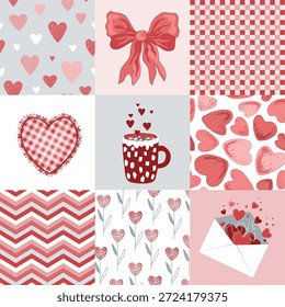 Valentine Day Patchwork Quilt Seamless Doodle Pattern. Romantic Patch Duvet Design. Vector background. Geometric Checkered Print