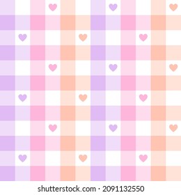 Valentine Day pattern and hearts in pastel colorful gradient lilac purple  pink  orange  white  Seamless geometric vichy tartan check plaid for gift paper  card  dress  scarf  other textile print 