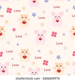 Valentine day patterns. Hamster , mouse , heart, flower on orange background. Vector