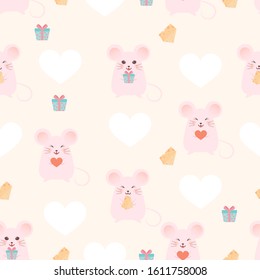 Valentine day patterns. Mouse , heart, gift box, butter on orange background. Vector