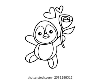 Valentine Day Penguin Holding Rose Outline