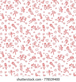  Valentine Day people background. Seamless pattern with shopping men and women with hearts and shopping carts. Collection for Valentine and winter holidays design elements. Doodle vector illustration