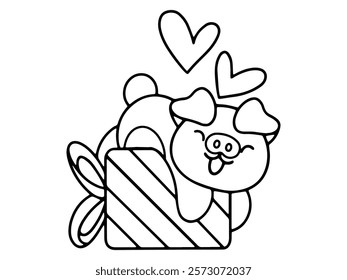 Valentine Day Pig Holding Gift Line Art
