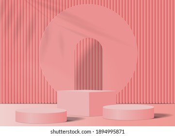 Fondo de podio vectorial 3d rosa de San Valentín con sombra geométrica de hojas de podio en el suelo. Formas de plataformas para presentación de productos estilo mínimo Diseño de composición abstracta, escaparate, espacio de copia