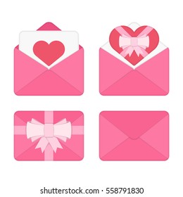 Valentine day pink envelope set with heart. Valentine's Day beautiful greeting letter. Romantic message card in paper Envelope. Vector illustration in modern flat style. Event 14 February concept.