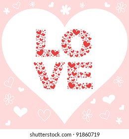 Valentine day pink love invitation card with hearts, flowers and love letters