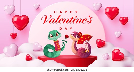 Valentine day pink podium with funny cartoon snakes and hearts, vector greeting card. Happy Valentine Day banner for love holiday with snakes couple in love on red podium stage with roses and hearts