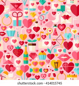 Valentine Day Pink Seamless Pattern. Love Flat Design Vector Illustration. Tile Background. Set of Wedding Items.