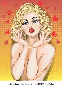 Valentine Day Pin-up sexy woman portrait with air kiss and hearts. Pop Art vector illustration 