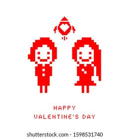 Valentine day pixel card. Creative design of boy with girl and rocket icons. Cute cartoon illustration.