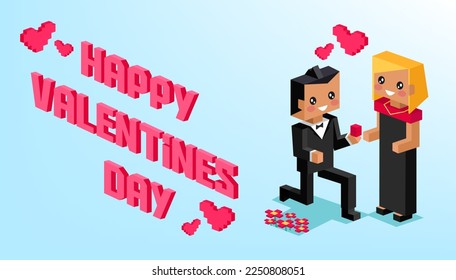 Valentine day pixel. Proposal for marriage at Valentines day. 3d gifts for wife and husband. Love isometric concept wallpaper, card. Happy Valentines Day 14. Love, honesty, romantic, relationship