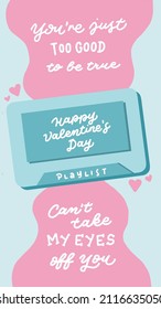 Valentine Day Playlist. Hand lettering romantic lyrics. Pastel vintage cassette for couple. Valentines song