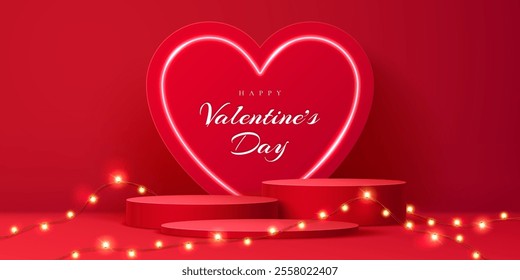 Valentine day podium stage with heart neon frame and garland, vector background. Happy Valentine Day greeting heart with neon light frame and garland lights illumination on podium pedestal platforms