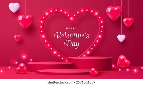 Valentine day podium stage with hearts on platform pedestal, vector background. Happy Valentine Day greeting card with pink podium and neon lights frame in heart shape for love holiday decoration