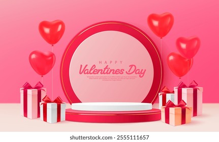 Valentine day podium stand with gift boxes and heart air balloons at pink festive background creating a romantic and celebratory atmosphere. 3d vector platform for love celebrations, gift promotions