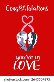 Valentine day postcard design. 14 February greeting card template. Romantic gift for falling in love. Layout with couple of cute rats gestures heart with tails together. Flat vector illustration