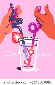 Valentine day postcard design with hands, glass of beverage, straws. 14 February greeting card template with couple in love drinking juice together. Layout of romantic gift. Flat vector illustration