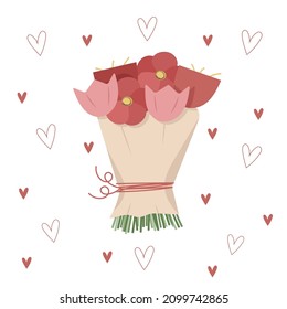 Valentine day postcard with flower bouqet on white background. Greeting card with hand drawn cartoon flowers and hearts isolated on white background. Vector illustration.
