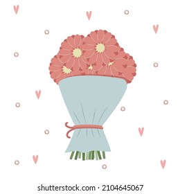 Valentine day postcard with flower bouqet on white background. Greeting card with hand drawn cartoon flowers and hearts isolated on white background. Vector illustration.
