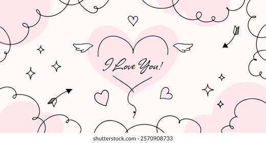 Valentine Day postcard with hand drown doodle heart and clouds, text greeting and invitation, banner, cute holiday event poster. Vector illustration.