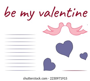 Valentine day postcard. Pigeons in love and hearts. Place for text wish and signature. Vector illustration. Design for print, postcard, cover, etd.
