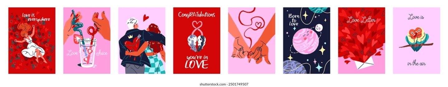 Valentine day postcard set. Design of 14 February cards. Love letters with flowers, hearts, hands. Funny and cute gift to expression romantic feelings, affection, tenderness. Flat vector illustrations