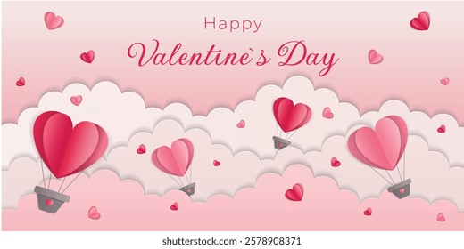 Valentine Day poster with clouds, hearts and air ballons on pink background.Pastel colours. Romantic backdrop.Design for postcards, banners, advertising, greeting cards, bussines.Vector illustration. 