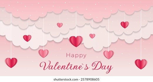 Valentine Day poster with clouds and hearts on pink background.Pastel colours. Romantic backdrop.Design for postcards, banners, advertising, greeting cards, bussines.Vector illustration. 