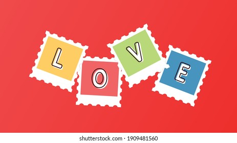 Valentine day poster design. Love text in Postage stamps.