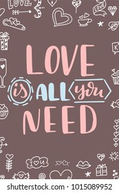 Valentine Day poster. Hand drawn poster or card. Love messages. handwritten calligraphy tex. Vector illustration.
