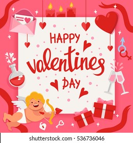 Valentine day poster with handwritten lettering and colorful flat elements. Vector holiday illustration.