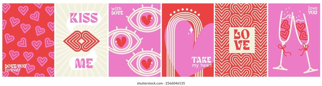 valentine day poster set. abstract, retro design wavy line, love cover