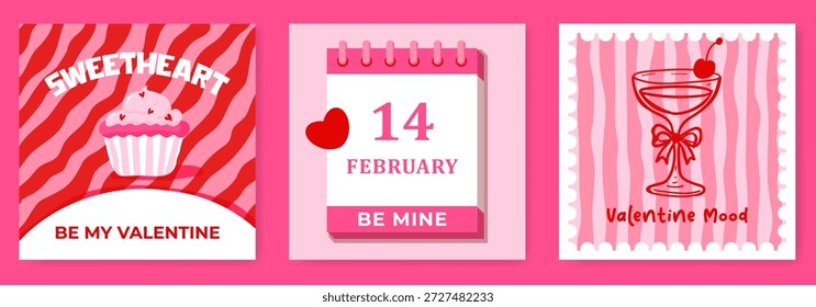 Conjunto de póster de San Valentín con calendario de magdalenas lindas y cóctel