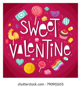 Valentine day poster with sweets and candies floating around phrase Sweet Valentine Vector illustration in bright colors on pink backround.