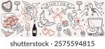 Valentine day print set. Romantic holiday sticker collection with cute baby angel or cherub, hearts, flowers, love locket, potion, cartoon cupid bow. Valentine or wedding tattoos, invitations, placard