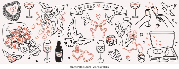 Valentine day print set. Romantic holiday sticker collection with cute baby angel or cherub, hearts, flowers, love locket, potion, cartoon cupid bow. Valentine or wedding tattoos, invitations, placard