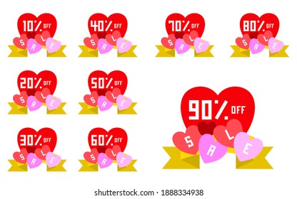 valentine day promotion sale stickers, sale tags set badges template with percent off label sign, discount promotion icon, flat vector icon illustration.