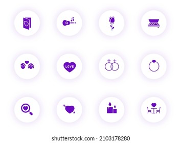 valentine day purple color vector icons on light round buttons with purple shadow. valentine day icon set for web, mobile apps, ui design and print