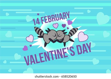 Valentine day. Raccoons kiss. The 14th of February