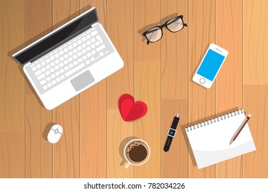 Valentine day Realistic workplace organization. Top view with textured table, Heart paper, laptop, glasses,  pencil, diary and coffee mug. Desk vector illustration